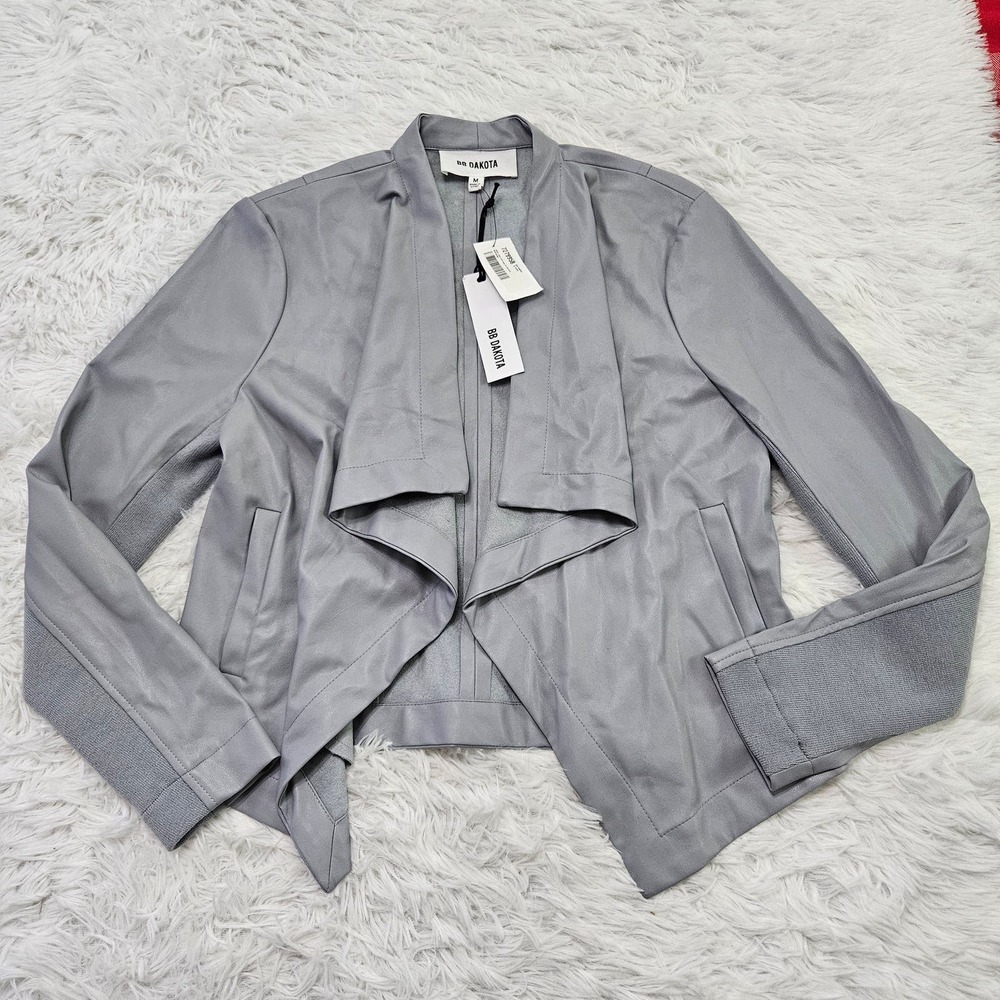 NWT BB Dakota Women's Gray Waterfall Faux Leather Cardigan Jacket. Size M‎
